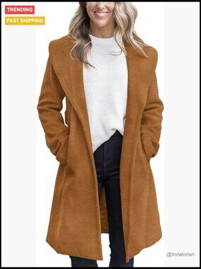 Women's Pea Coat Big Lapel Open Front Long Jacket Belted with Pockets